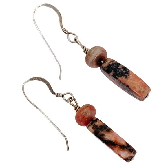 VTG Gemstone Silver Likely Sterling Rhodonite Earrings Boho Dangle Pink Black - Picture 4 of 8